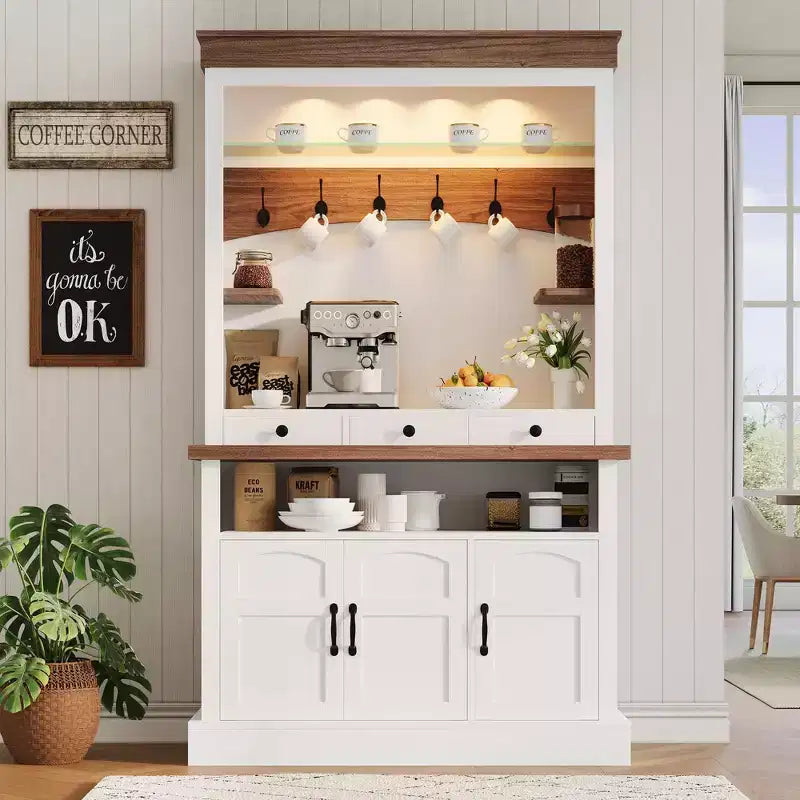 Meuble de rangement pour café style ferme - 183 cm de haut avec lumières LED, portes/tiroir, étagères réglables, grand espace de rangement pour cuisine/salle à manger