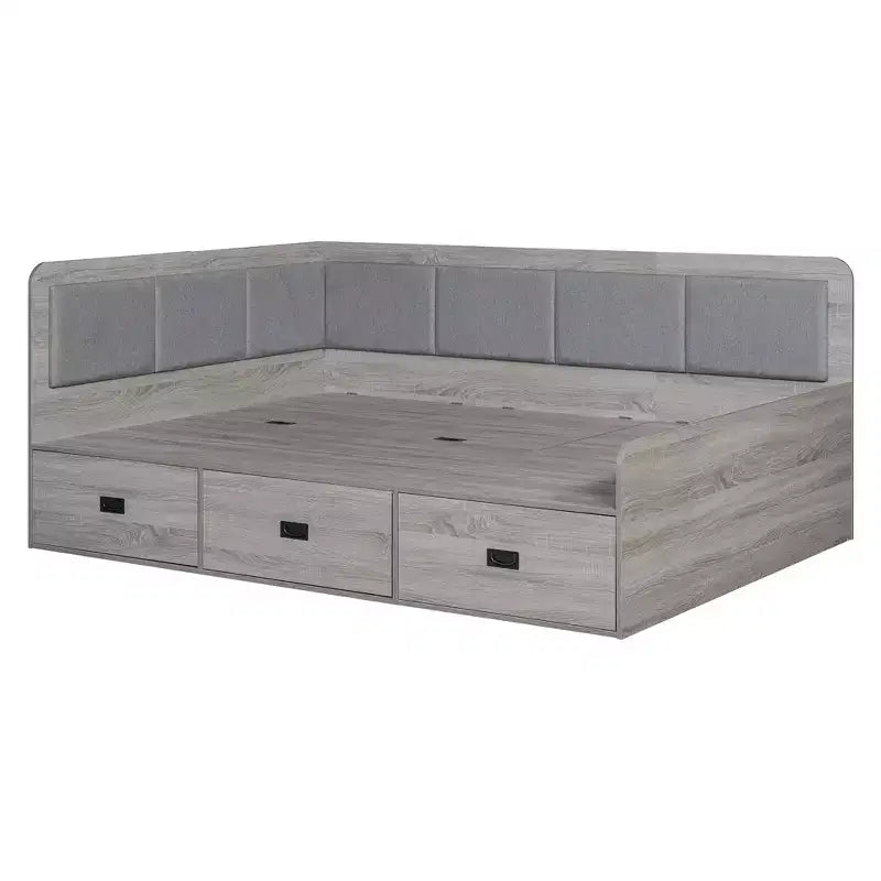 Bellemave Full Size L-Shaped Daybed with Storage, Upholstered Backrest, 3 Drawers & Shelves, Sofa Bed for Living Room or Bedroom, Grey