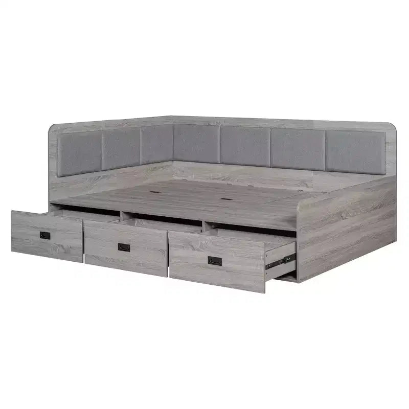 Bellemave Lit de repos double en forme de L avec rangement, dossier rembourré, 3 tiroirs et étagères, canapé-lit pour salon ou chambre, gris