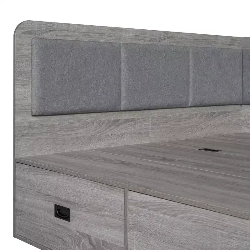 Bellemave Lit de repos double en forme de L avec rangement, dossier rembourré, 3 tiroirs et étagères, canapé-lit pour salon ou chambre, gris