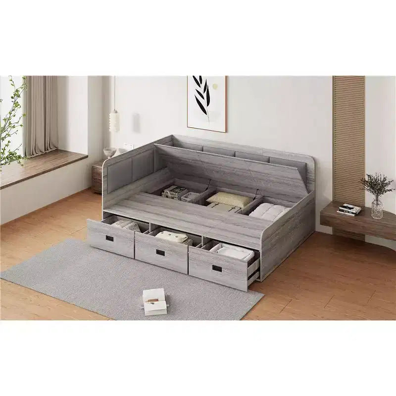 Bellemave Lit de repos double en forme de L avec rangement, dossier rembourré, 3 tiroirs et étagères, canapé-lit pour salon ou chambre, gris