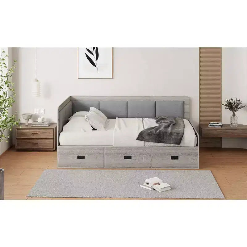 Bellemave Lit de repos double en forme de L avec rangement, dossier rembourré, 3 tiroirs et étagères, canapé-lit pour salon ou chambre, gris