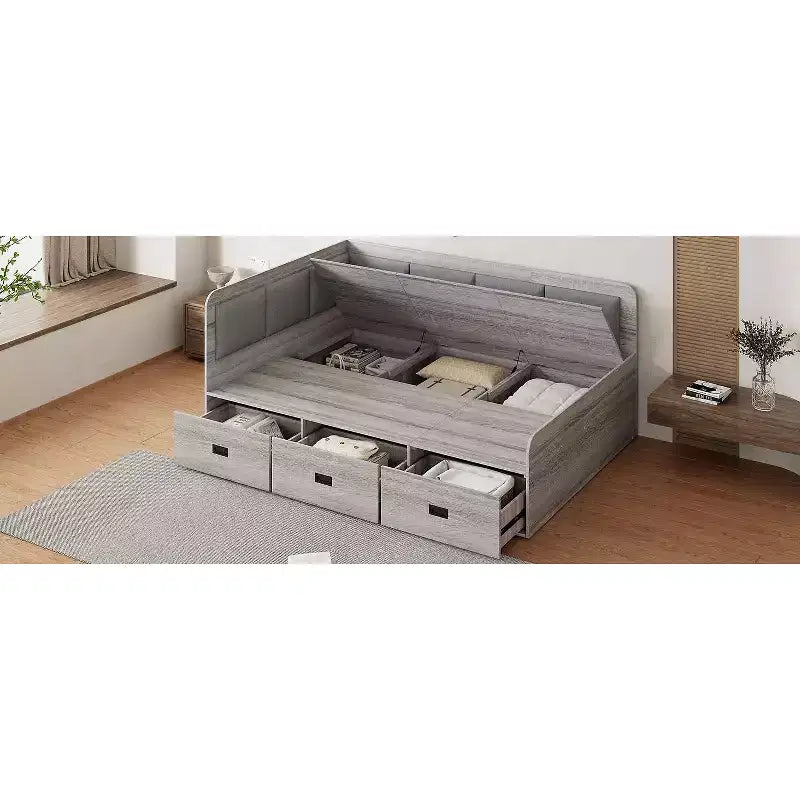 Bellemave Lit de repos double en forme de L avec rangement, dossier rembourré, 3 tiroirs et étagères, canapé-lit pour salon ou chambre, gris