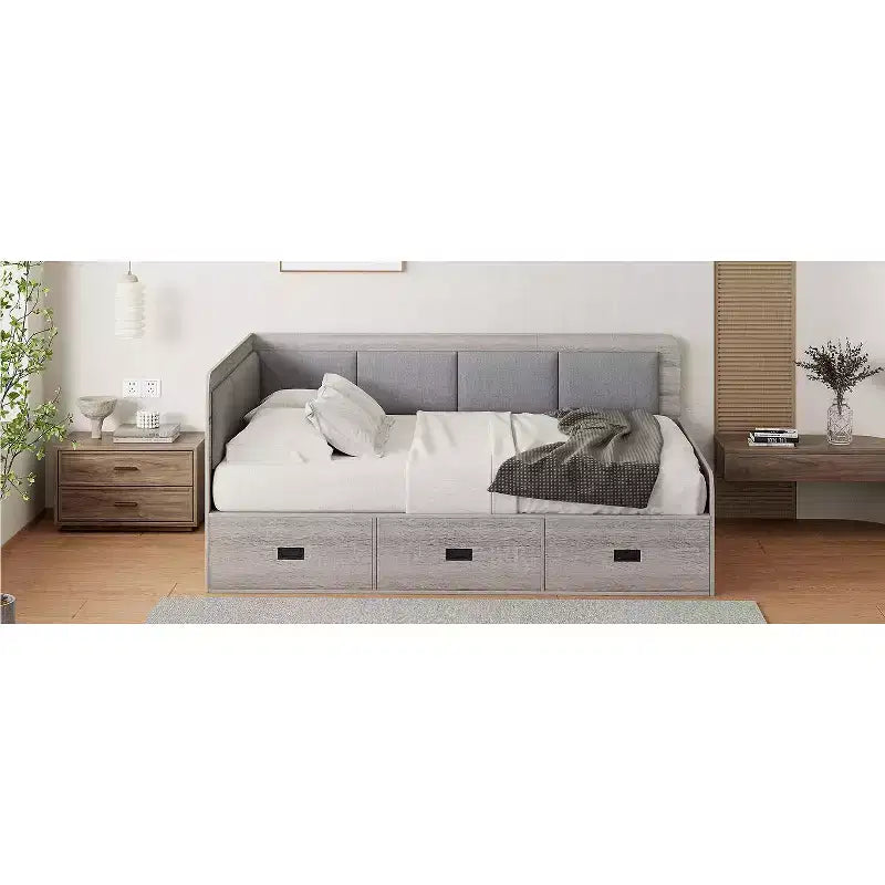 Bellemave Lit de repos double en forme de L avec rangement, dossier rembourré, 3 tiroirs et étagères, canapé-lit pour salon ou chambre, gris
