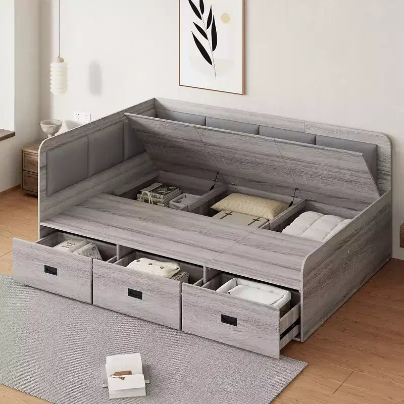 Bellemave Lit de repos double en forme de L avec rangement, dossier rembourré, 3 tiroirs et étagères, canapé-lit pour salon ou chambre, gris