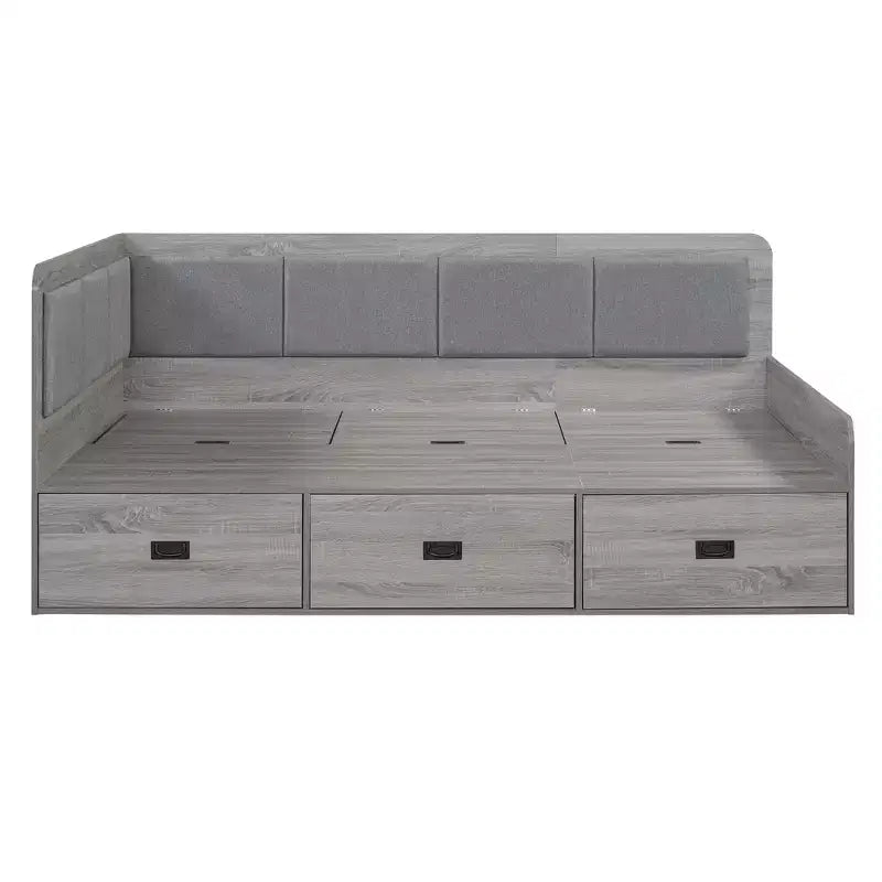 Bellemave Lit de repos double en forme de L avec rangement, dossier rembourré, 3 tiroirs et étagères, canapé-lit pour salon ou chambre, gris