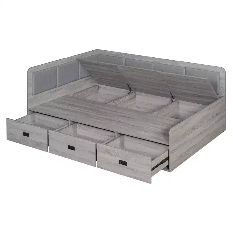 Bellemave Lit de repos double en forme de L avec rangement, dossier rembourré, 3 tiroirs et étagères, canapé-lit pour salon ou chambre, gris