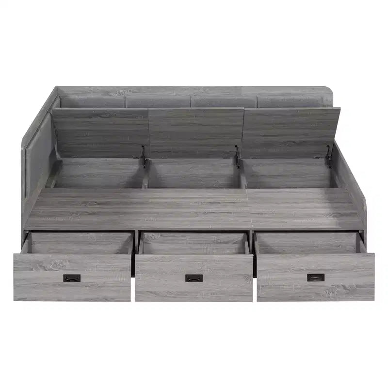 Bellemave Lit de repos double en forme de L avec rangement, dossier rembourré, 3 tiroirs et étagères, canapé-lit pour salon ou chambre, gris