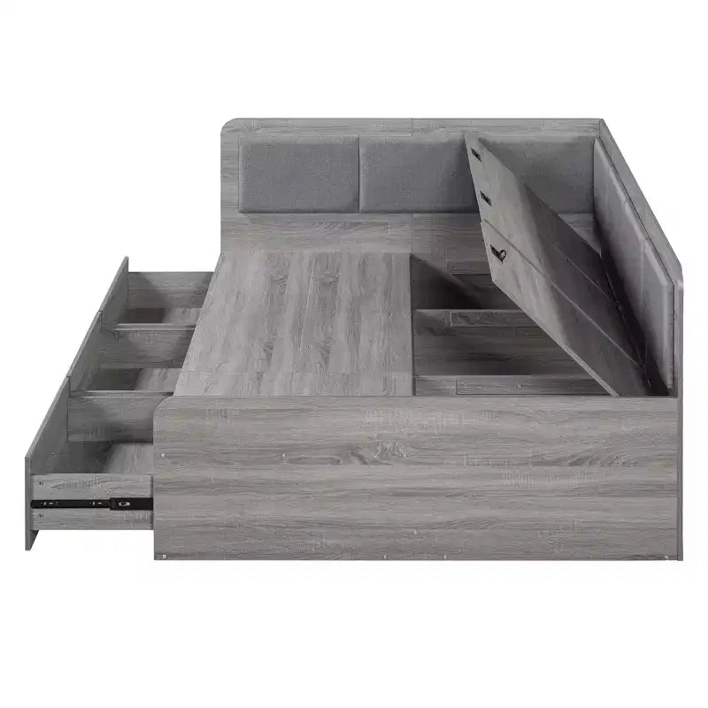 Bellemave Lit de repos double en forme de L avec rangement, dossier rembourré, 3 tiroirs et étagères, canapé-lit pour salon ou chambre, gris
