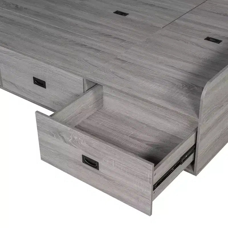 Bellemave Lit de repos double en forme de L avec rangement, dossier rembourré, 3 tiroirs et étagères, canapé-lit pour salon ou chambre, gris