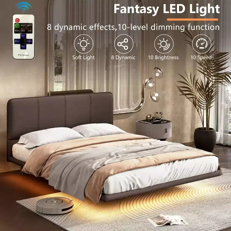 Cadre de lit plateforme pleine/grand format en similicuir avec lumières LED - ModernLuxe
