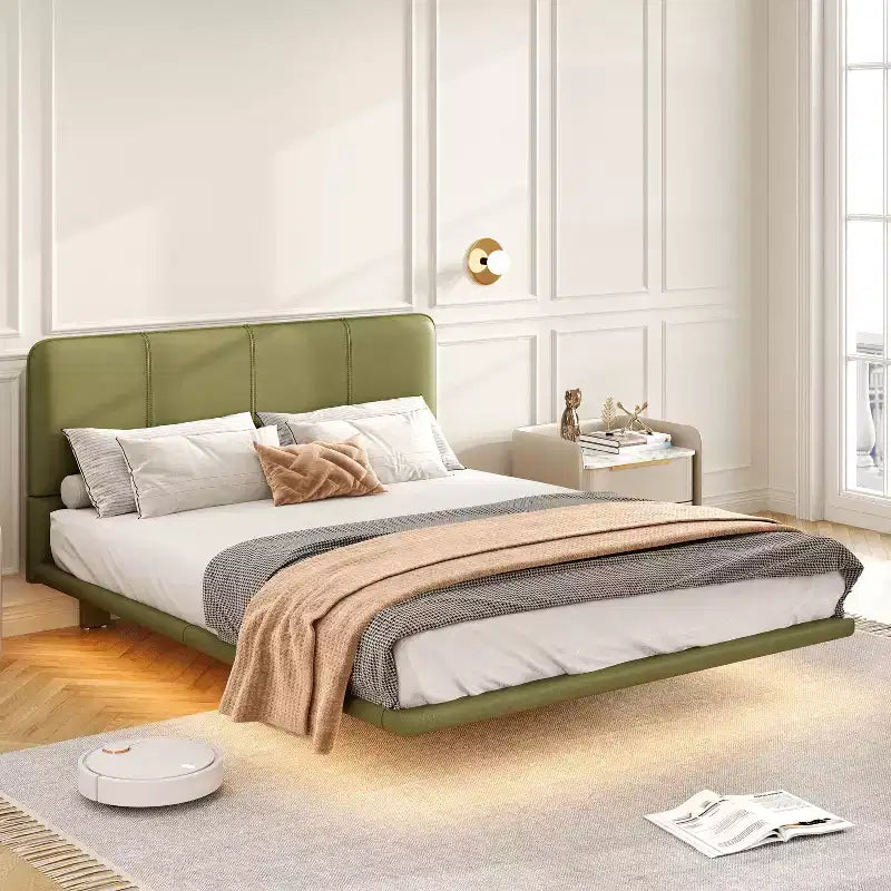 Cadre de lit plateforme pleine/grand format en similicuir avec lumières LED - ModernLuxe