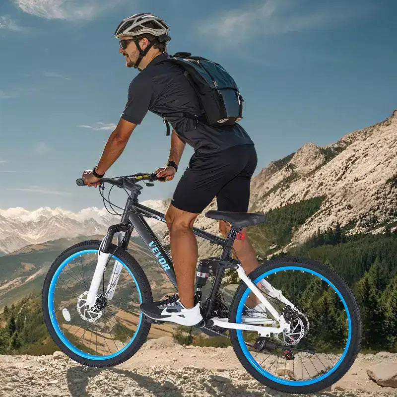 VTT VEVOR, VTT 26 pouces tout suspendu, dérailleur 21 vitesses, freins à double disque, cadre en alliage d'aluminium, noir et bleu