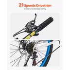 VTT VEVOR, VTT 26 pouces tout suspendu, dérailleur 21 vitesses, freins à double disque, cadre en alliage d'aluminium, noir et bleu