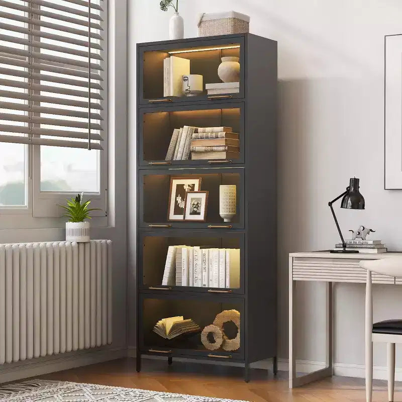Meuble de rangement haut Okak, vitrine avec 5 portes vitrées et 5 étagères, vitrine de style moderne pour salon ou bureau