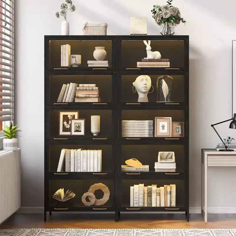 Meuble de rangement haut Okak, vitrine avec 5 portes vitrées et 5 étagères, vitrine de style moderne pour salon ou bureau