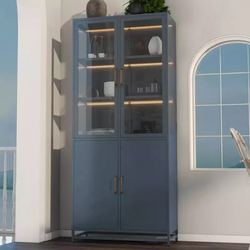 Meuble de rangement haut Okak, vitrine avec 5 portes vitrées et 5 étagères, vitrine de style moderne pour salon ou bureau