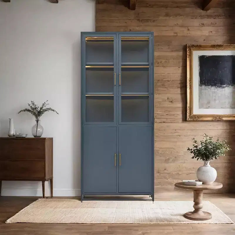 Meuble de rangement haut Okak, vitrine avec 5 portes vitrées et 5 étagères, vitrine de style moderne pour salon ou bureau