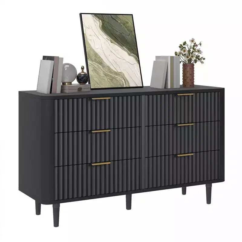 Commode moderne à 6 tiroirs avec panneau cannelé ondulé, commode plus large, commode de rangement en bois pour salons