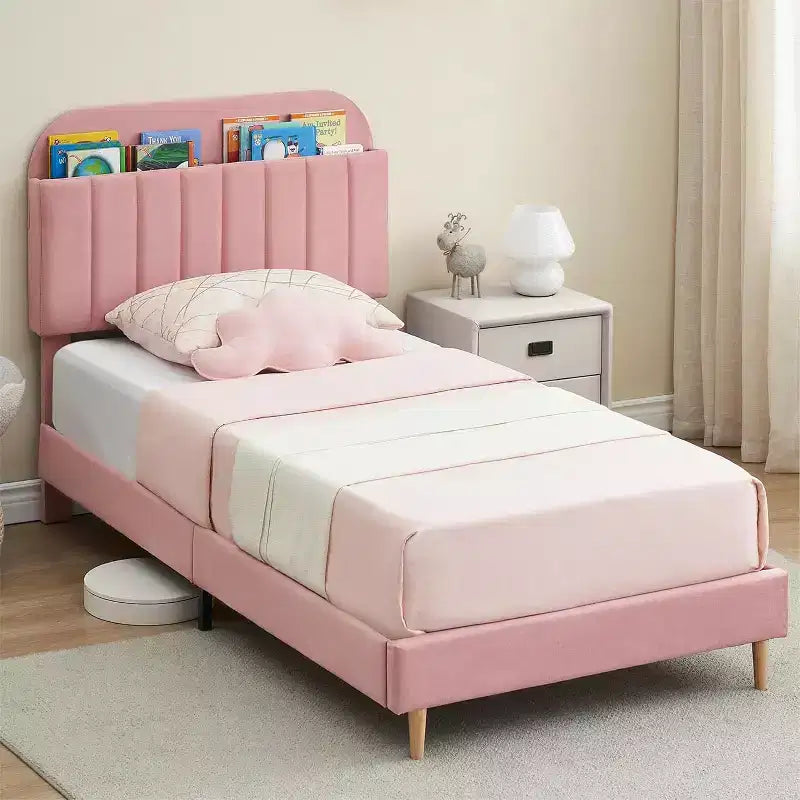 Lit jumeau en velours rose clair avec tête de lit bibliothèque, pieds de support en acier, assemblage facile, silencieux