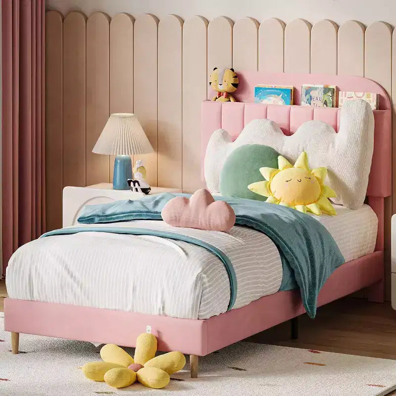 Light Pink Velvet Twin Bed with Bookcase Headboard, Steel Support Legs, Easy Assembly, Quiet