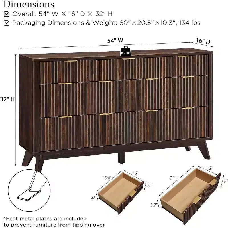 Commode à 7 tiroirs cannelés, largeur 54", plateau effet marbre et profil incurvé, meuble TV, organisateur de tiroirs en bois pour chambre à coucher