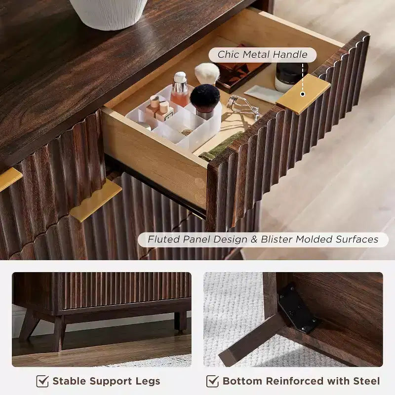 Commode à 7 tiroirs cannelés, largeur 54", plateau effet marbre et profil incurvé, meuble TV, organisateur de tiroirs en bois pour chambre à coucher