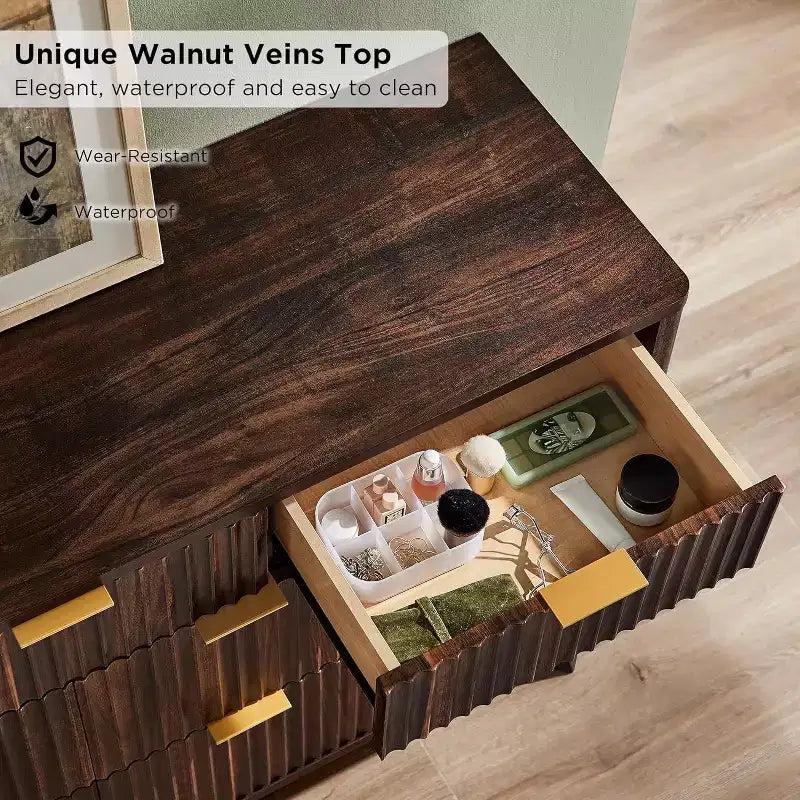 Commode à 7 tiroirs cannelés, largeur 54", plateau effet marbre et profil incurvé, meuble TV, organisateur de tiroirs en bois pour chambre à coucher