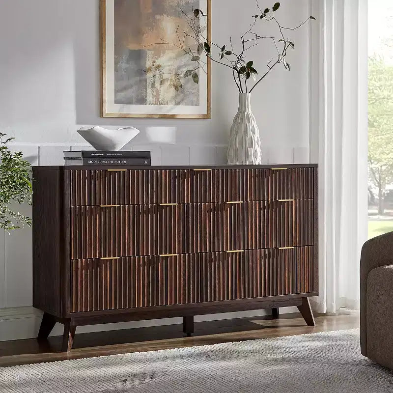 Commode à 7 tiroirs cannelés, largeur 54", plateau effet marbre et profil incurvé, meuble TV, organisateur de tiroirs en bois pour chambre à coucher