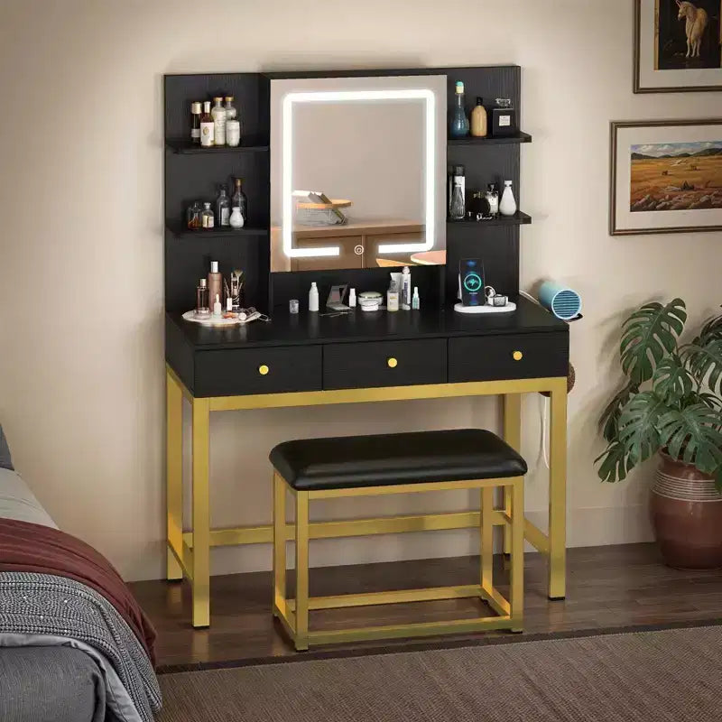 Coiffeuse de maquillage avec miroir LED ouvert, rangement caché et prises de courant