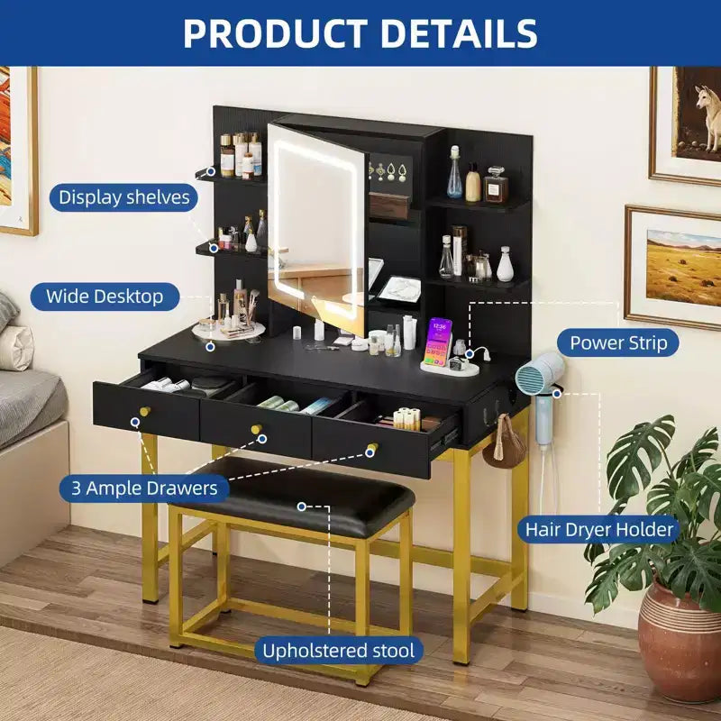 Coiffeuse de maquillage avec miroir LED ouvert, rangement caché et prises de courant