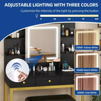 Coiffeuse de maquillage avec miroir LED ouvert, rangement caché et prises de courant