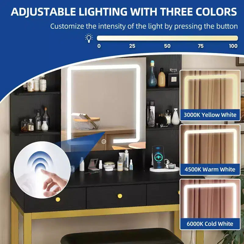 Coiffeuse de maquillage avec miroir LED ouvert, rangement caché et prises de courant