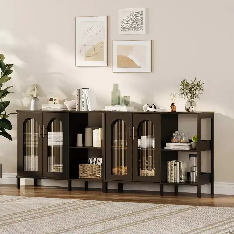 COZONY Buffet de 101,6 cm avec Portes en Verre, Meuble de Rangement à 2 Niveaux Ouverts pour Salle à Manger, Cuisine, Salon