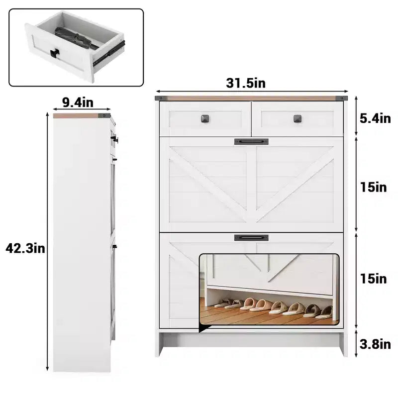Meuble à chaussures moderne et fin COZONY avec 2 tiroirs basculants et 2 tiroirs standards, organisateur de chaussures autoportant avec sécurité anti-basculement pour entrée, porte d'entrée