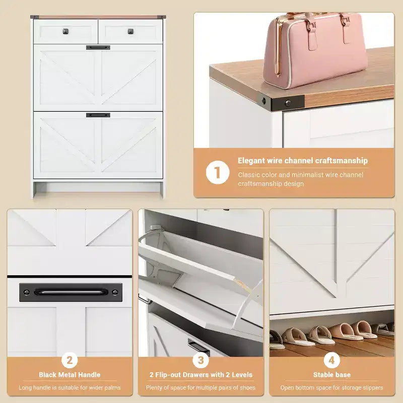 Meuble à chaussures moderne et fin COZONY avec 2 tiroirs basculants et 2 tiroirs standards, organisateur de chaussures autoportant avec sécurité anti-basculement pour entrée, porte d'entrée