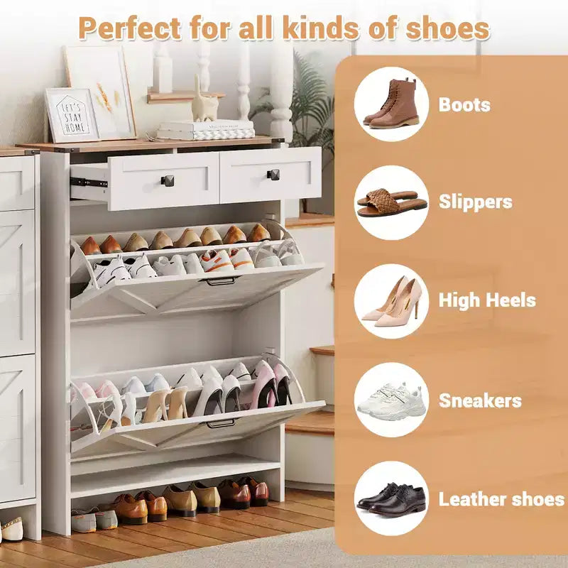 Meuble à chaussures moderne et fin COZONY avec 2 tiroirs basculants et 2 tiroirs standards, organisateur de chaussures autoportant avec sécurité anti-basculement pour entrée, porte d'entrée