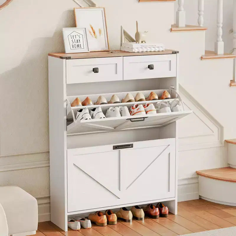 Meuble à chaussures moderne et fin COZONY avec 2 tiroirs basculants et 2 tiroirs standards, organisateur de chaussures autoportant avec sécurité anti-basculement pour entrée, porte d'entrée
