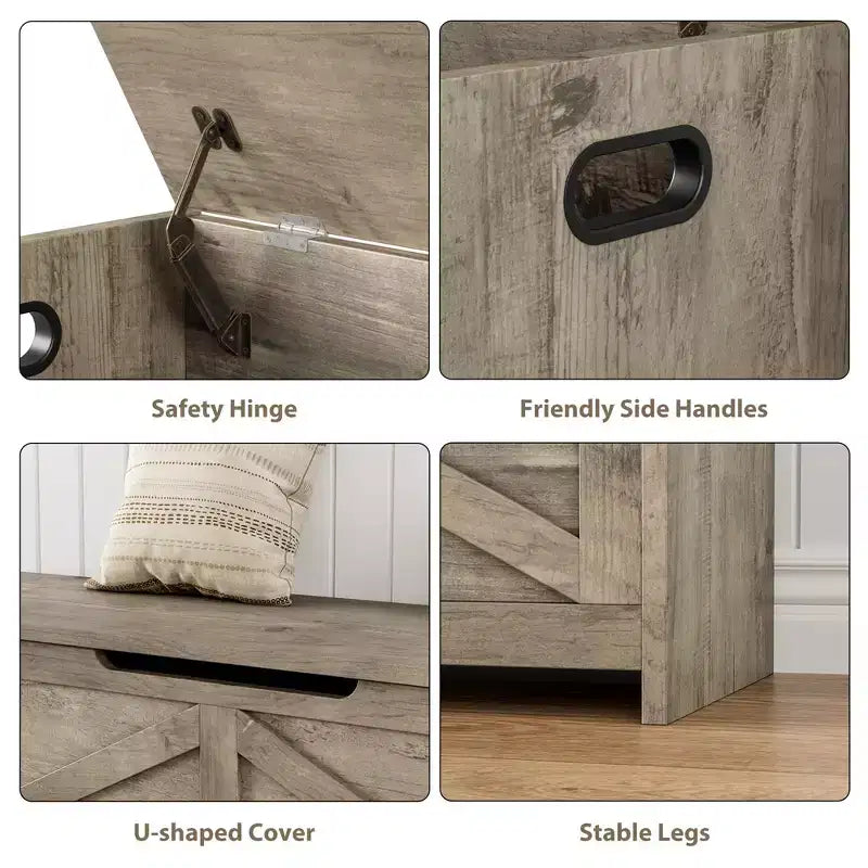 Banc de rangement en bois de 119,4 cm, banc à chaussures d'entrée avec couvercle à charnière et charnière de sécurité, grand coffre à jouets, pouf de rangement pour entrée, chambre, salon