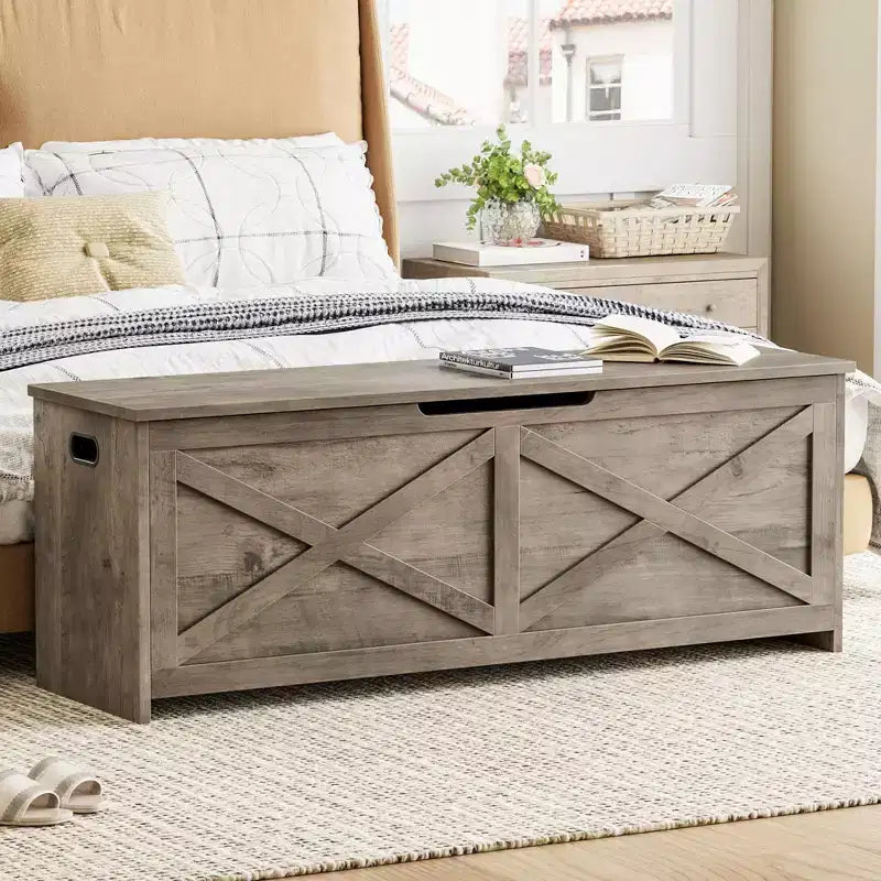 Banc de rangement en bois de 119,4 cm, banc à chaussures d'entrée avec couvercle à charnière et charnière de sécurité, grand coffre à jouets, pouf de rangement pour entrée, chambre, salon