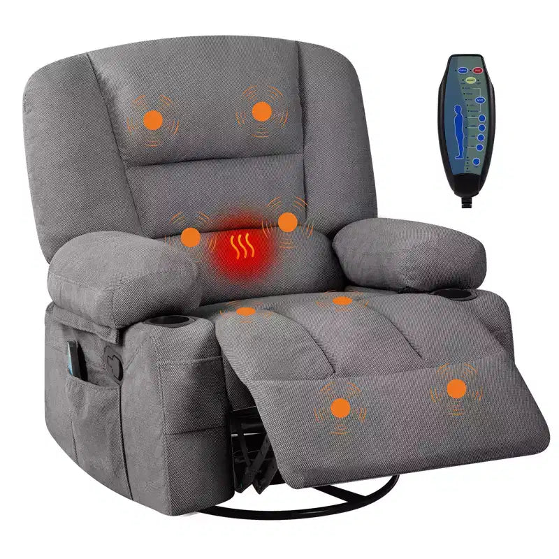 Fauteuil inclinable pivotant à 360° avec chauffage et massage, fauteuil inclinable pour adultes, fauteuil simple à 3 positions avec 2 poches, 2 porte-gobelets et 1 rangement