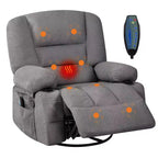 Fauteuil inclinable pivotant à 360° avec chauffage et massage, fauteuil inclinable pour adultes, fauteuil simple à 3 positions avec 2 poches, 2 porte-gobelets et 1 rangement