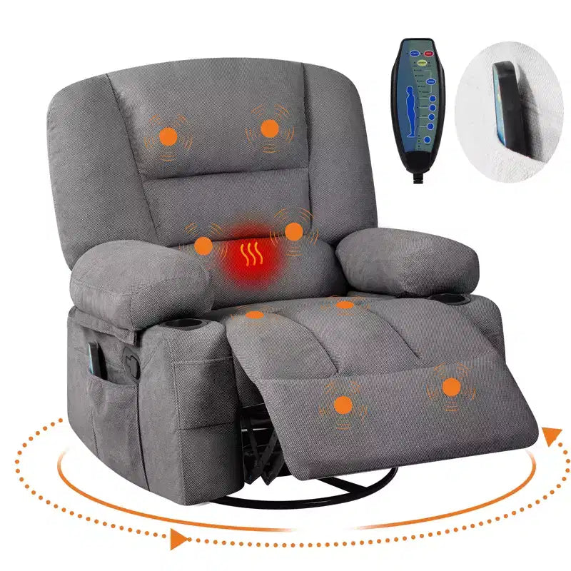 Fauteuil inclinable pivotant à 360° avec chauffage et massage, fauteuil inclinable pour adultes, fauteuil simple à 3 positions avec 2 poches, 2 porte-gobelets et 1 rangement