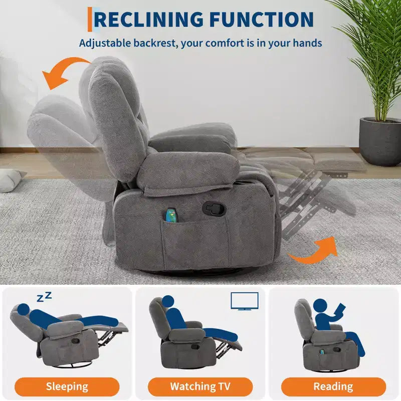 Fauteuil inclinable pivotant à 360° avec chauffage et massage, fauteuil inclinable pour adultes, fauteuil simple à 3 positions avec 2 poches, 2 porte-gobelets et 1 rangement