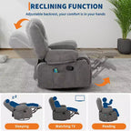 Fauteuil inclinable pivotant à 360° avec chauffage et massage, fauteuil inclinable pour adultes, fauteuil simple à 3 positions avec 2 poches, 2 porte-gobelets et 1 rangement