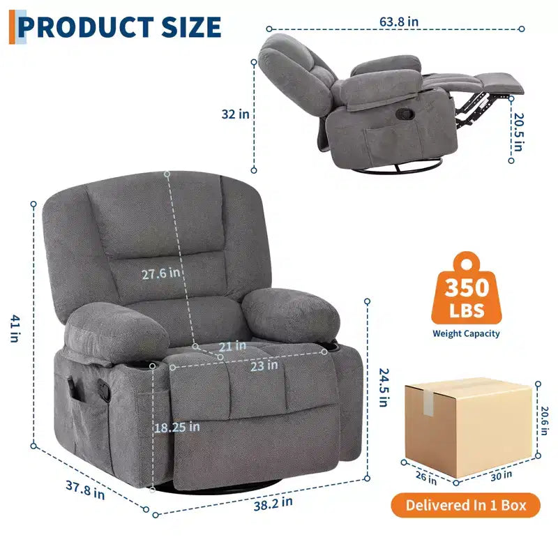 Fauteuil inclinable pivotant à 360° avec chauffage et massage, fauteuil inclinable pour adultes, fauteuil simple à 3 positions avec 2 poches, 2 porte-gobelets et 1 rangement