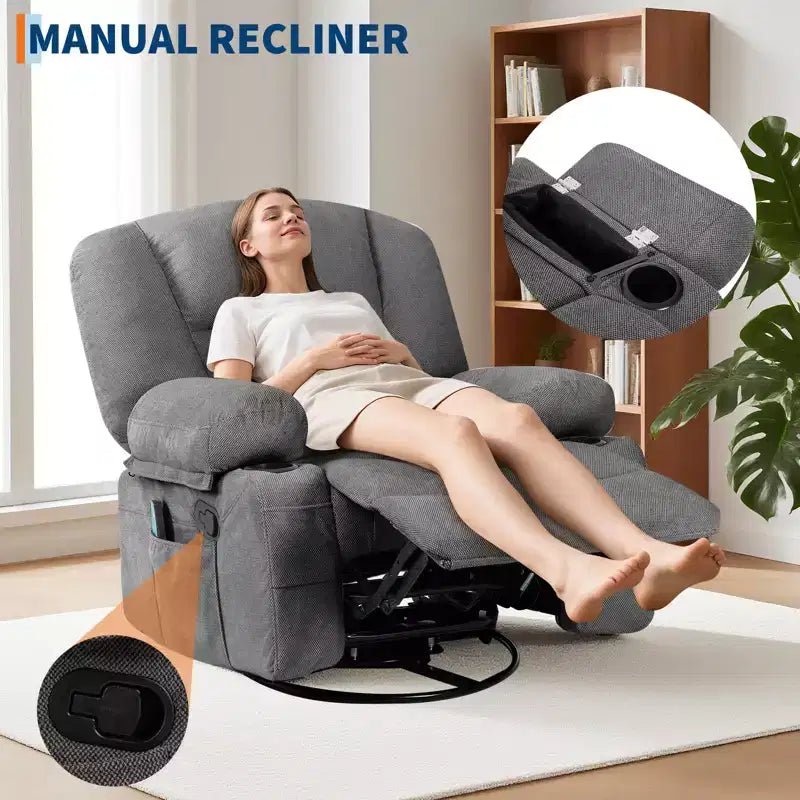 Fauteuil inclinable pivotant à 360° avec chauffage et massage, fauteuil inclinable pour adultes, fauteuil simple à 3 positions avec 2 poches, 2 porte-gobelets et 1 rangement