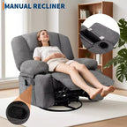 Fauteuil inclinable pivotant à 360° avec chauffage et massage, fauteuil inclinable pour adultes, fauteuil simple à 3 positions avec 2 poches, 2 porte-gobelets et 1 rangement