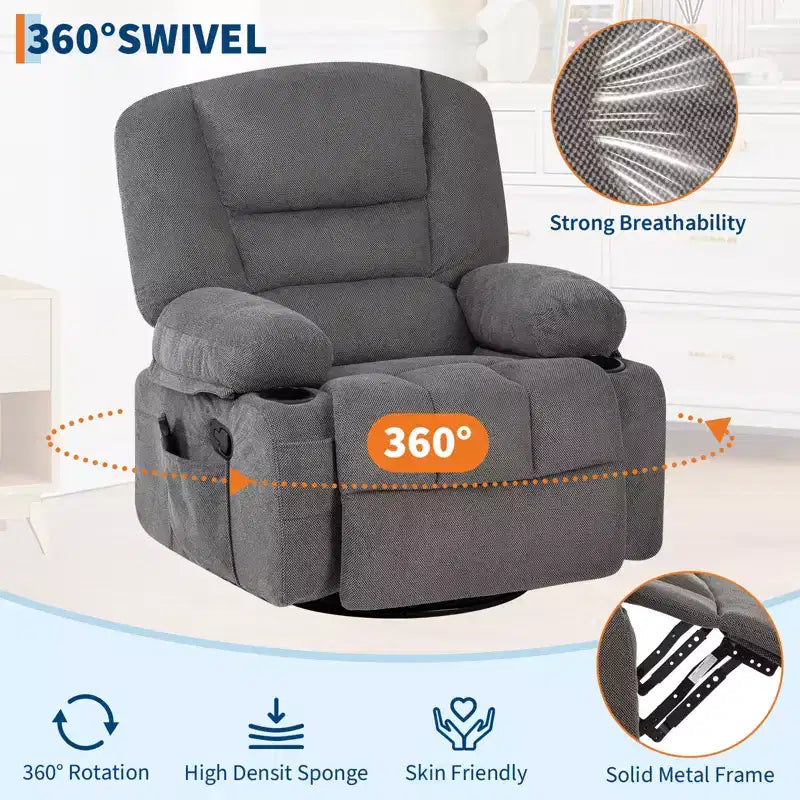 Fauteuil inclinable pivotant à 360° avec chauffage et massage, fauteuil inclinable pour adultes, fauteuil simple à 3 positions avec 2 poches, 2 porte-gobelets et 1 rangement