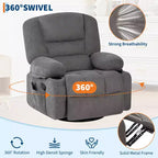 Fauteuil inclinable pivotant à 360° avec chauffage et massage, fauteuil inclinable pour adultes, fauteuil simple à 3 positions avec 2 poches, 2 porte-gobelets et 1 rangement